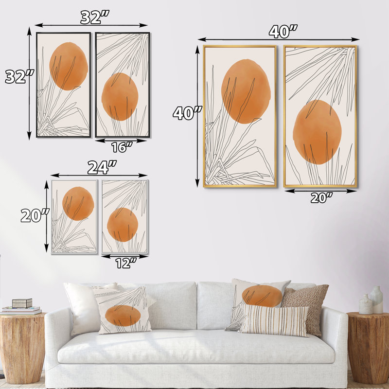 Branche botanique orange avec feuilles I - ensemble de 2 peintures, H 40 po x l 40 po x P 1,5 po, Cadre doré