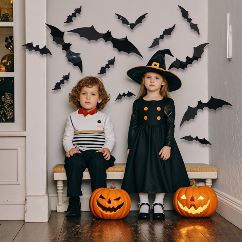 180pcs Halloween 3D Bats Stickers Decorations 5 Different Sizes Bat Wall Decal Decor for Windows Wall Home Door,DIY PVCHalloween Party Supplies