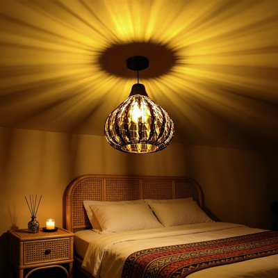 Luminaire suspendu en rotin tissé à la main avec ampoule à DEL, lustre en osier naturel pour plafonnier rustique et maison de campagne