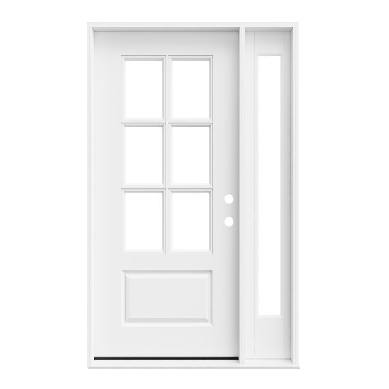 Entry Front Exterior Fiberglass Door 36" x 80" Primed White 6-Lite Clear Glass Prehung Door Fixed Single Sidelite White 1 Lite Clear Glass Door With Jamb, Left-Hand Inswing (Not Included Hardware Kit)