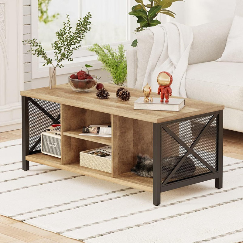 Table basse pour le salon, table de centre rustique en bois avec tablettes, tables de cocktail rectangulaires de style campagnard (chêne rustique)