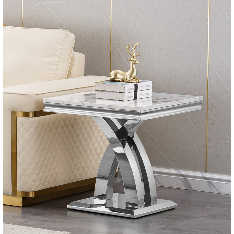 22.8" Square Marble End Table, Modern White Sofa Side Table with Mirrored Stainless Steel Base, Luxury Faux Marble Accent End Table Bedside Table Nightstand for Living Room Bedroom Office