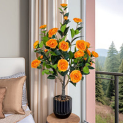 Ensemble de deux pièces de camélia artificiel avec des feuilles et des fleurs réalistes plante en pot de camélia artificiel en fil métallique pour le bureau intérieur / extérieur, la maison et le porche