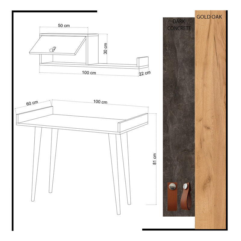 Modern Study Desk with Wall Shelf, Oak & Dark Grey, 39.4 x 31.9 x 23.6 inches | 100% Melamine Coated Particle Board, 0.71 inches Thick | PU Leather Handle, Wooden Legs | Scandinavian Design, Space-Saving Solution