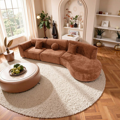 140" Modern Curved Sectional Sofa - 3-Piece Right Hand Facing Set with Chaise Lounge, Orange High-Density Foam, Fully Assembled for Living Room