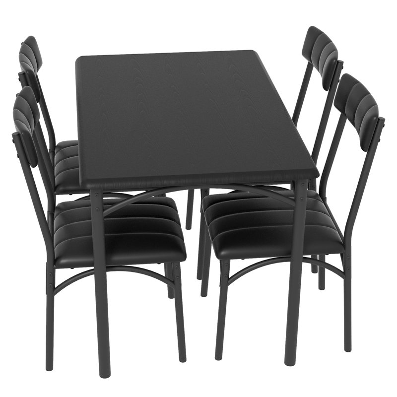 Ensemble de table de salle à manger noir pour 4 tables de cuisine rectangulaires avec 4 chaises rembourrées Ensemble de table de salle à manger 5 pièces pour appartement, studio, petit espace, robuste et peu encombrant