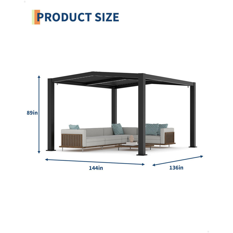 Pergola à persiennes en aluminium 11 pi x 13 pi avec toit à pignon réglable et système de drainage intégré pour le jardin, le patio, la terrasse, la cour, gris