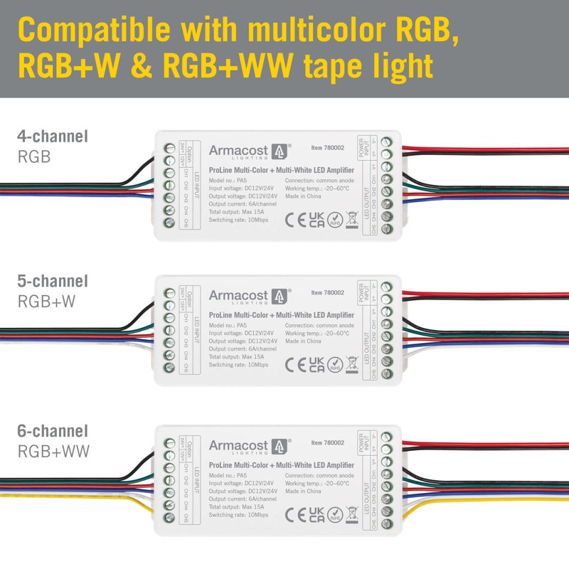 Compact Multicolor RGB+WW LED Amplifier for Strip Lights