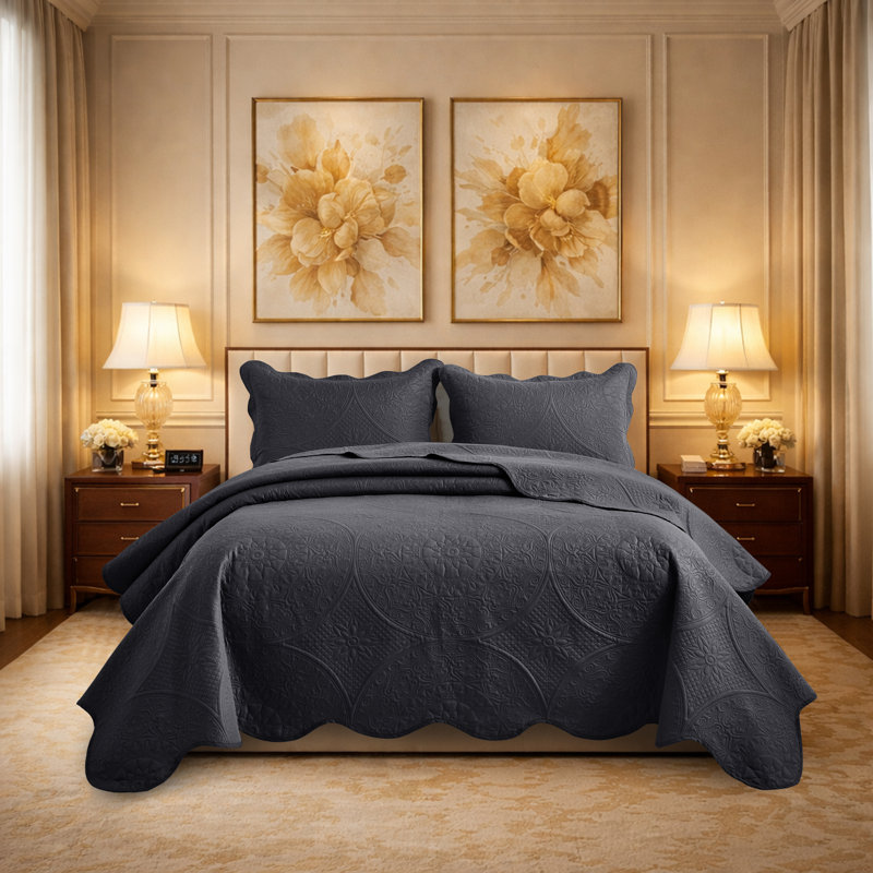 Floral Embossed Microfiber Quilt Set Pre-Washed  Soft Bedspread, King Bedspread + 2 King Pillowcases, Charcoal