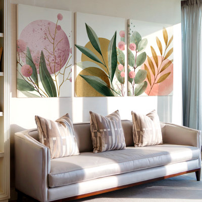 3 Pieces Abstract Botanical Large Wall Art with Pink and Green Leaves, Three Pieces Wall Art for Living Room, Bedroom, and Office Decor, Ready to Hang