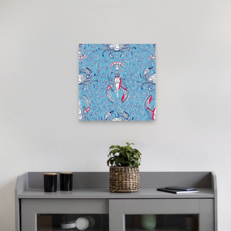 «Blue Lobster Crab Motif», impression d'art mural, 18" H x 18" W