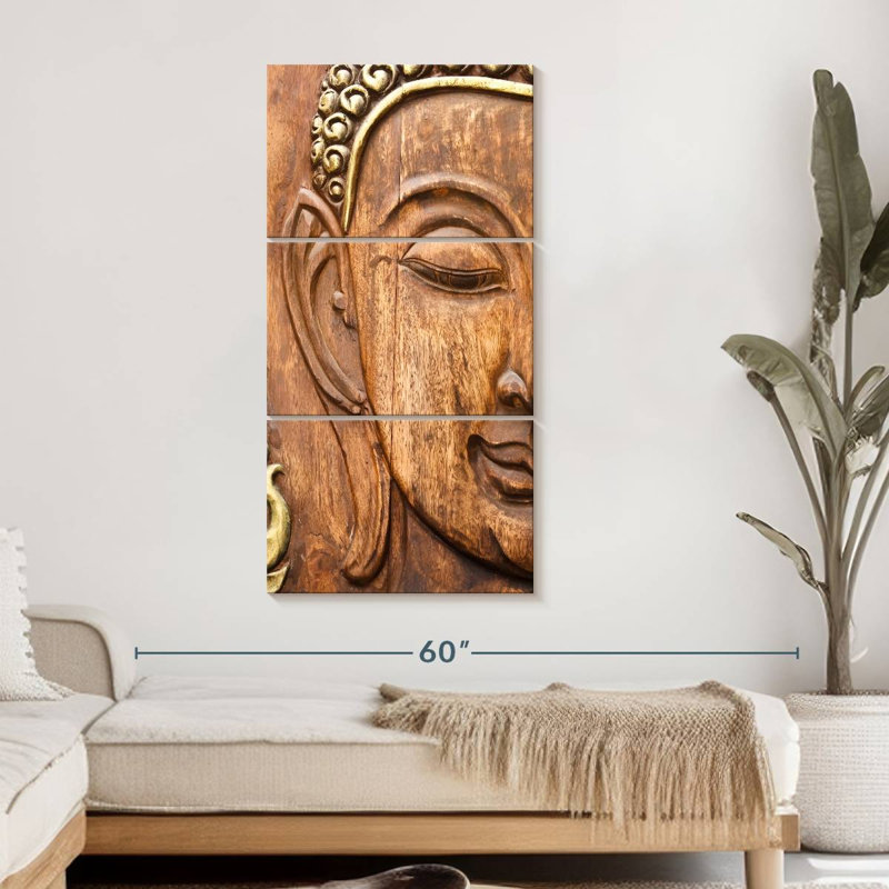 Bouddha en bois sculpté 3 pièces, H 52 po x l 24 po x P 1,25 po