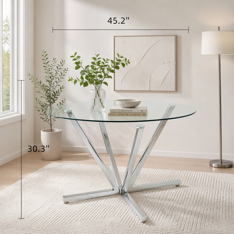 Table de salle à manger ronde en verre trempé avec pieds en métal argenté, Silver