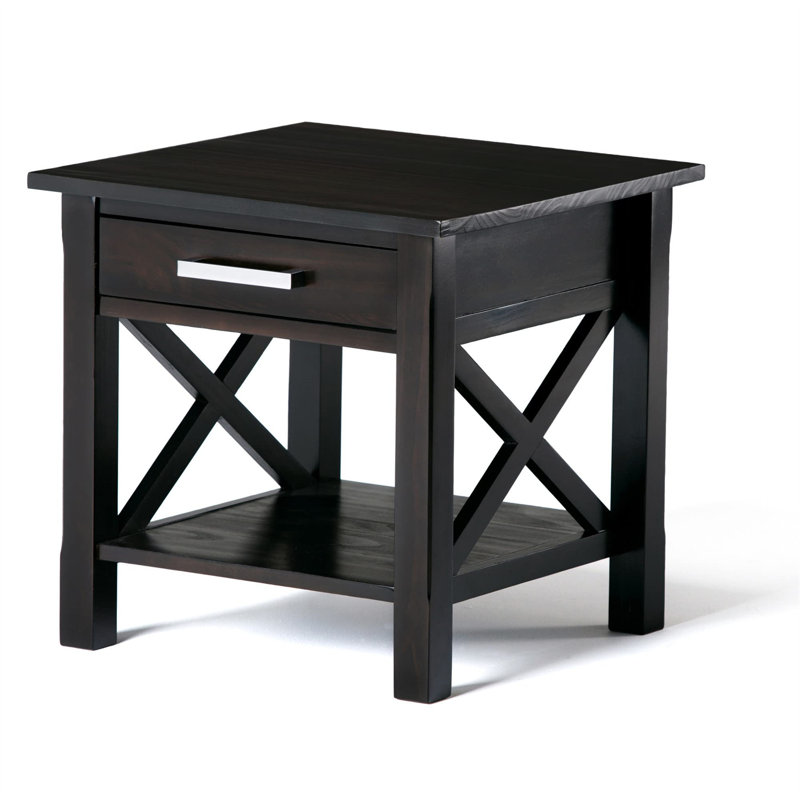 Kitchener Solid Wood Contemporary Narrow Rectangular End Table with Drawer, Open Shelf and X-Design, Hickory Brown