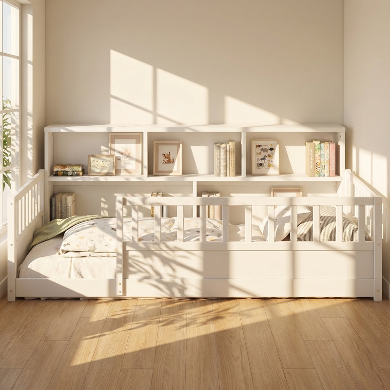Lit simple en bois de pin avec garde-corps et rangement intégré Ellington l 48 po x P 77 po x H 31 po