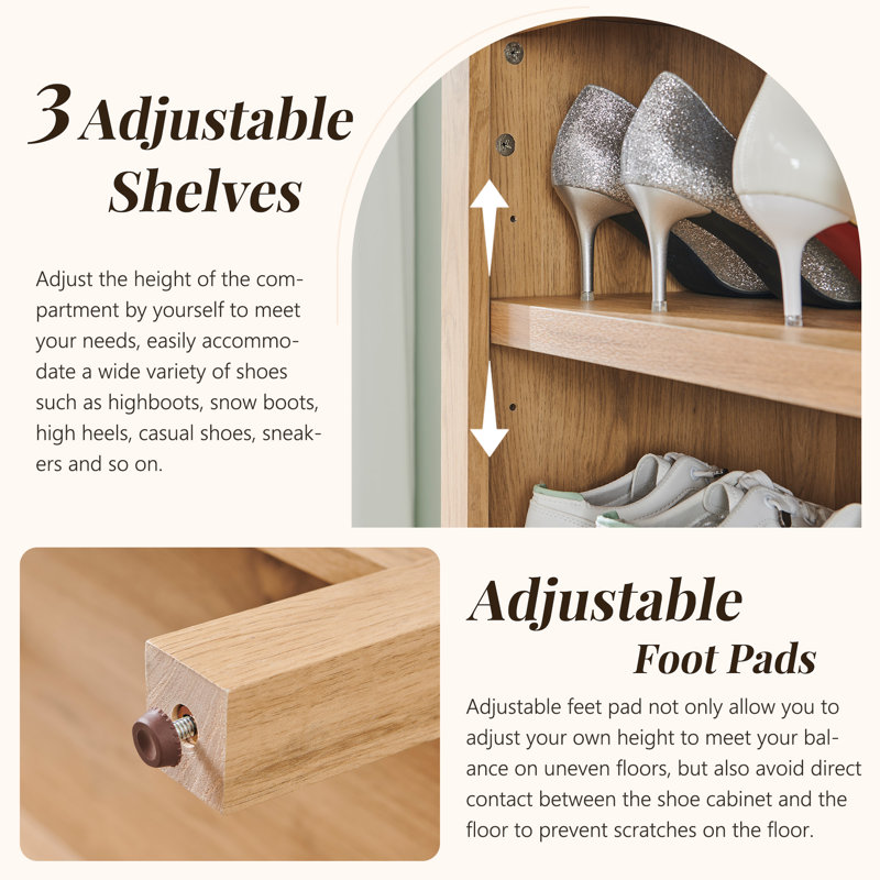 71" Tall Arched Shoe Storage Cabinet, 7 Tiers 28 Pairs Wooden Shoe Rack with 3 Adjustable Shelves, Natural Wood