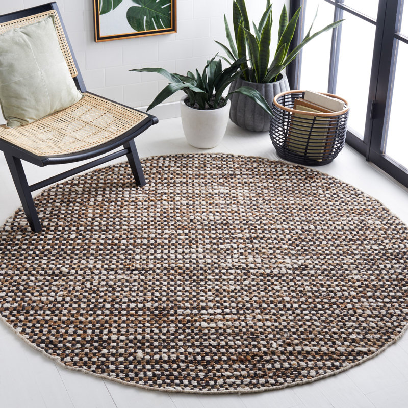 Gabino Geometric Handmade Flatweave Area Rug in Black/Ivory, Round 6'