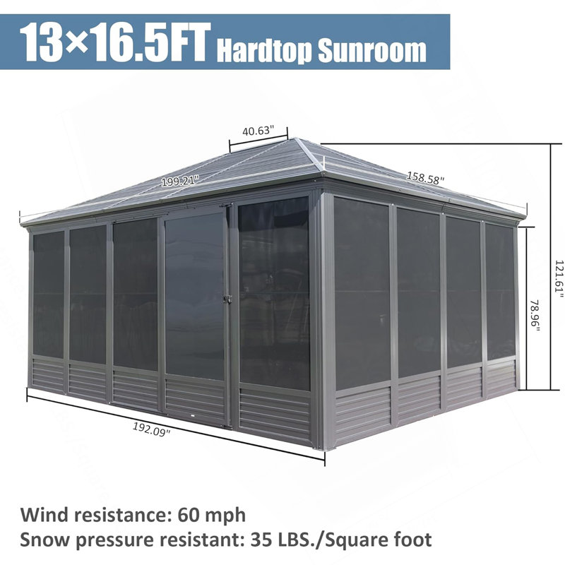 Sunroom, Four Season Solarium Aluminum Hardtop Gazebo With Galvanized Steel Roof, Movable PVC Screen Walls, Sliding Doors, Sun Room Pavilion Gazebo For Patio Deck Backyard, Gray