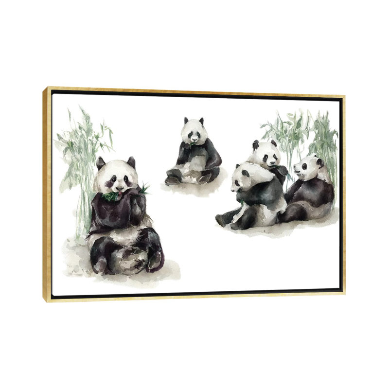 Pandas, H 40 po x l 60 po x 1,5 po, Toile encadrée d'or