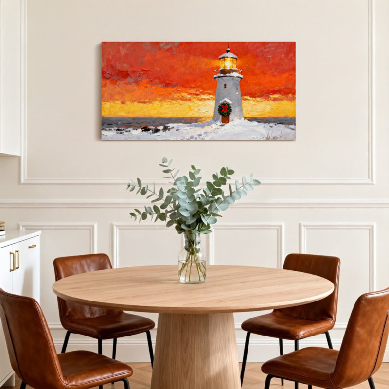 Phare de Noël au coucher du soleil avec une couronne de Noël, H 20 po x l 40 po