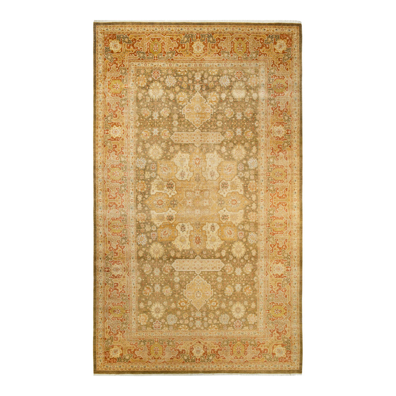Tapis jaune noué à la main de conception unique et unique 8 pi 1 po x 14 pi 3 po Hérone Mogul