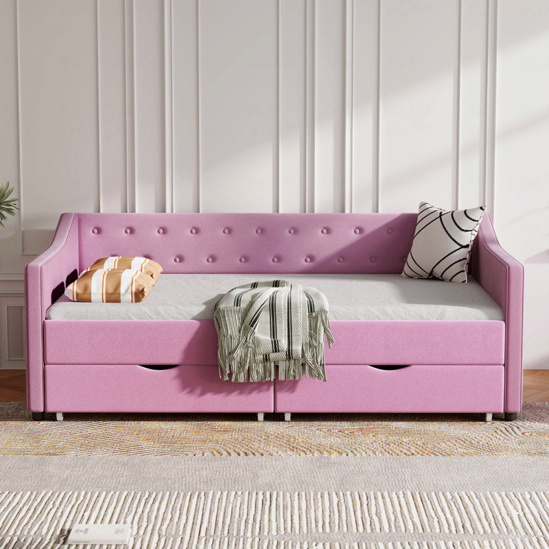 Upholstered Daybed, Twin Size Daybed With Drawers Tufted Sofa Bed, With Button On Back And Piping On Waved Shape Arms, Twin