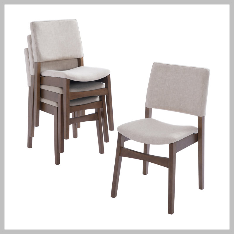 Ensemble de 4 chaises de salle à manger rembourrées empilables - Siège et dossier en tissu de lin, structure en bois massif, chaises de cuisine rustiques pour salle à manger, salon, noyer foncé