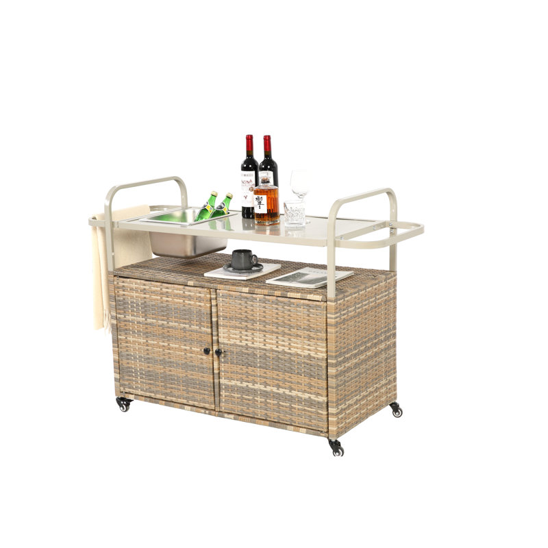 Patio Bar Table With Cabinet & Rustproof Top - Beige Outdoor Serving Cart, Steel, Lockable Wheels, All-Weather, Side Basket, Simple Assembly Process Kitchen Cart Cabinet, Steel Top, Effortless Setup