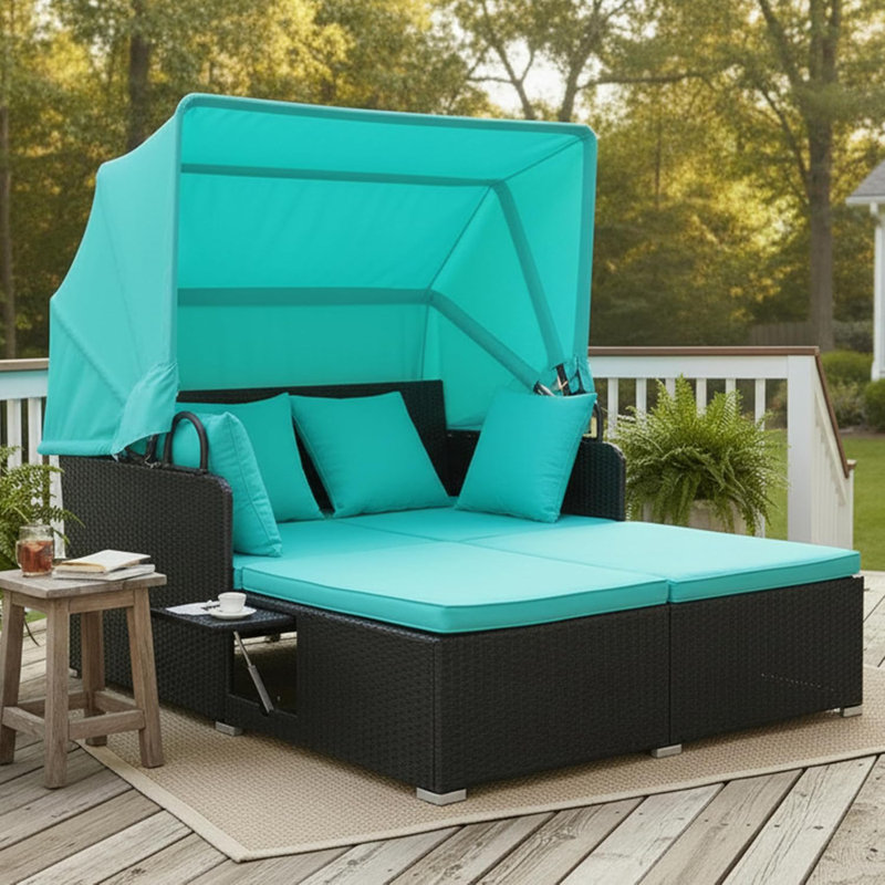 Patio Rattan Daybed With Retractable Canopy, Patiojoy Wicker Sun Lounger With 2 Foldable Side Panels, Thick Seat & Back Cushions, For Garden, Backyard, Porch (Turquoise)