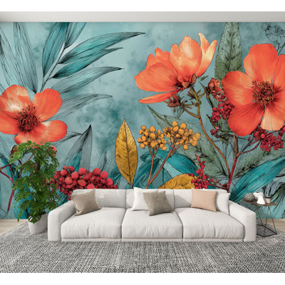 vintage Peel and Stick Wallpaper Colorful Floral Vintage Orange Flower Leaf Bathroom Bedroom Teal Wall Murals 100"H x 144"W Removable PVC Wall Paper Self-Adhesive Wall Decor for Bedroom Living Room Home Office