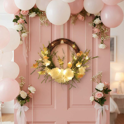 Couronne de fleurs d'hortensia artificielle, couronne florale d'hortensia avec rose, couronne de petites fleurs sauvages à feuilles vertes, couronne de printemps été pour décoration murale de mariage porte d'entrée, décorations de Noël