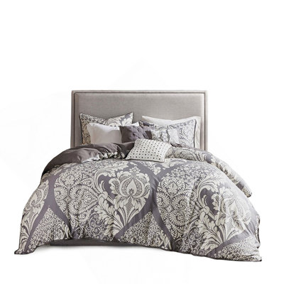 King/Cal King 6 Piece Printed Duvet Cover Set With Intricate Damask Design And OEKO-TEX Certified Cotton Sateen