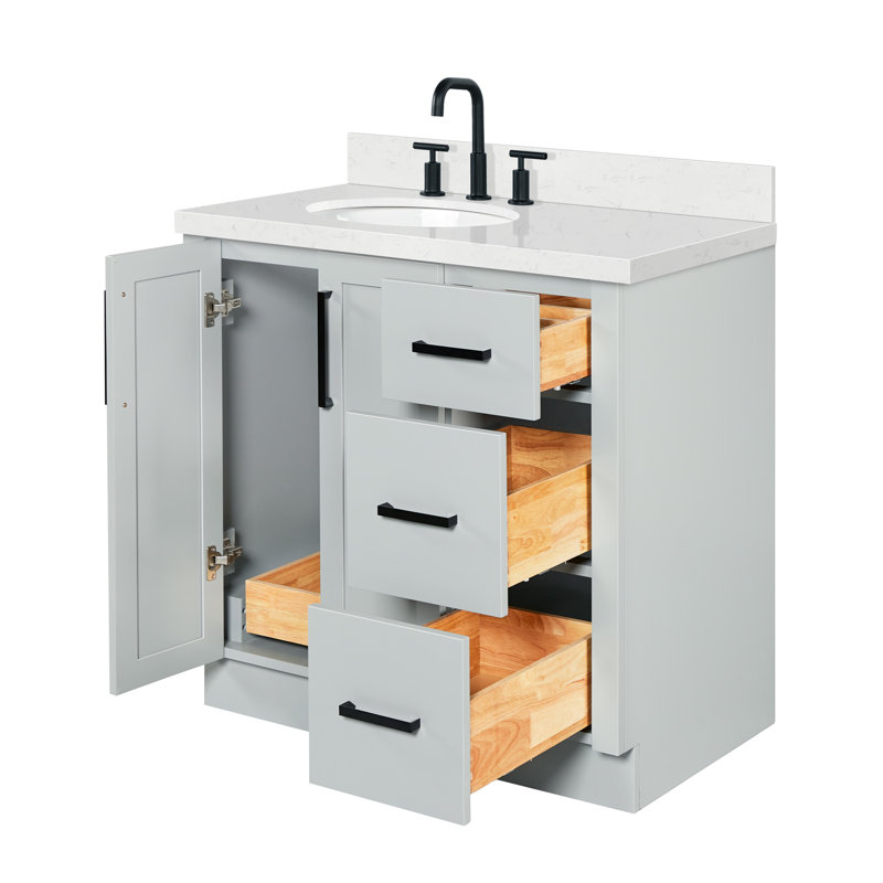   Kayleigh 36 Inch Left Offset Single Oval Sink Bathroom Vanity with Carrara White Quartz Countertop 1.5 Inch in Grey, Oval