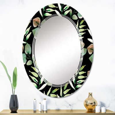 Feuilles vertes tropicales sur fond noir - miroir mural tropical ovale