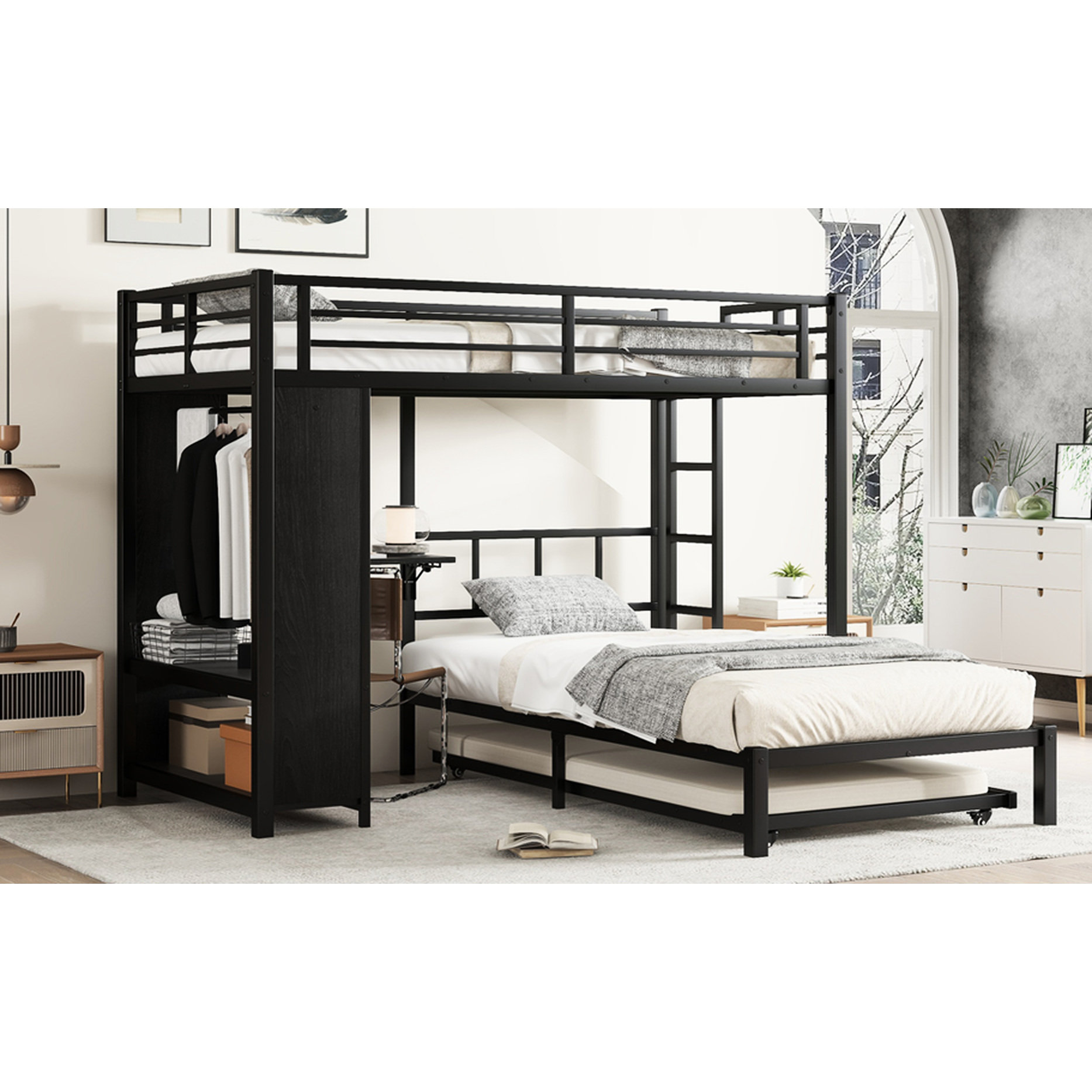 Latitude Run® Black Metal Bunk Bed Featuring A Built - In Closet, Pull ...