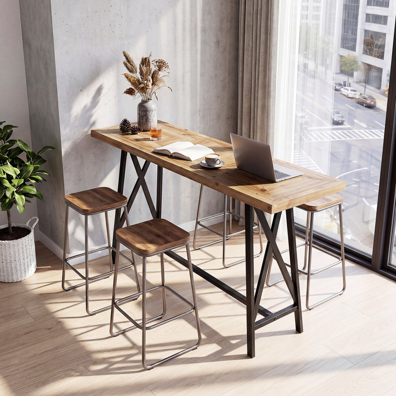 Industrial Solid Wood Bar Height Bar Table, 63'' Long Counter Height Pub Table