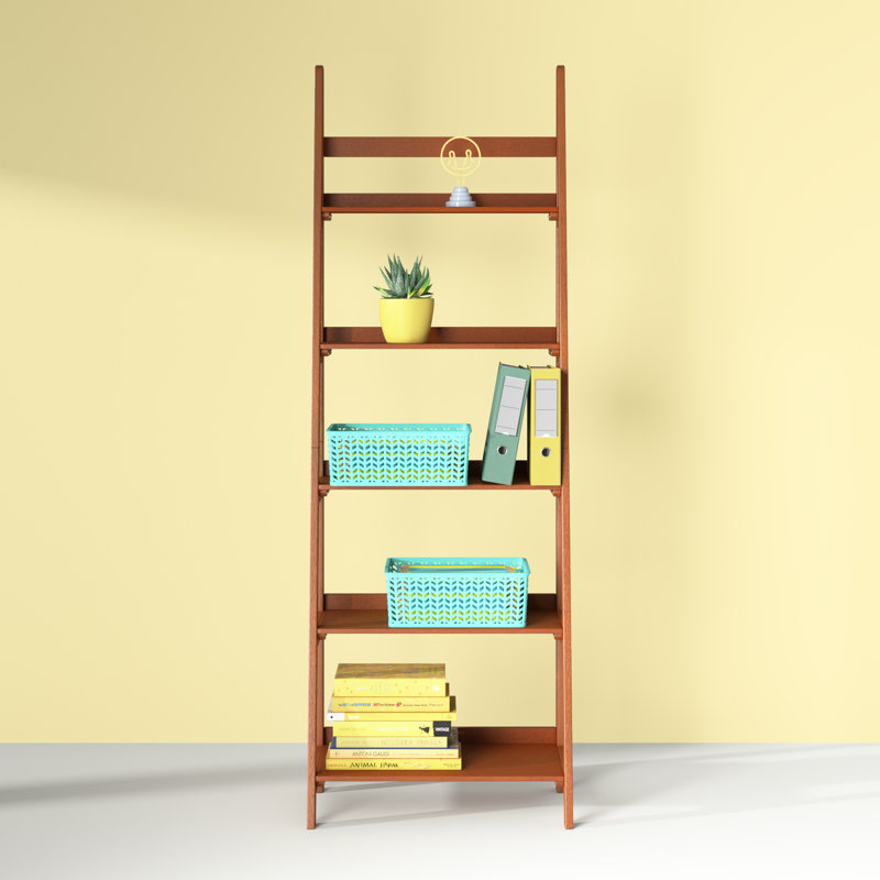 Kamal Walnut 72"H x 24.75"W Solid Wood Five Shelf Ladder Bookcase, Brown