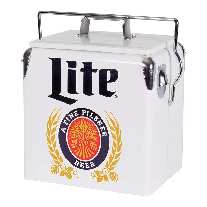 Miller Lite Retro Ice Chest Cooler with Bottle Opener 13L (14 qt), White and Blue