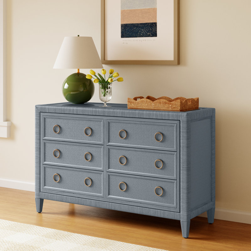 Warwick 6-Drawer Wicker Dresser, Satin Brass, Ocean