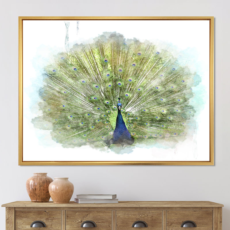 Paon, reproduction d'art sur toile, Toile encadrée d'or, H 30 po x l 40 po x p 1 po
