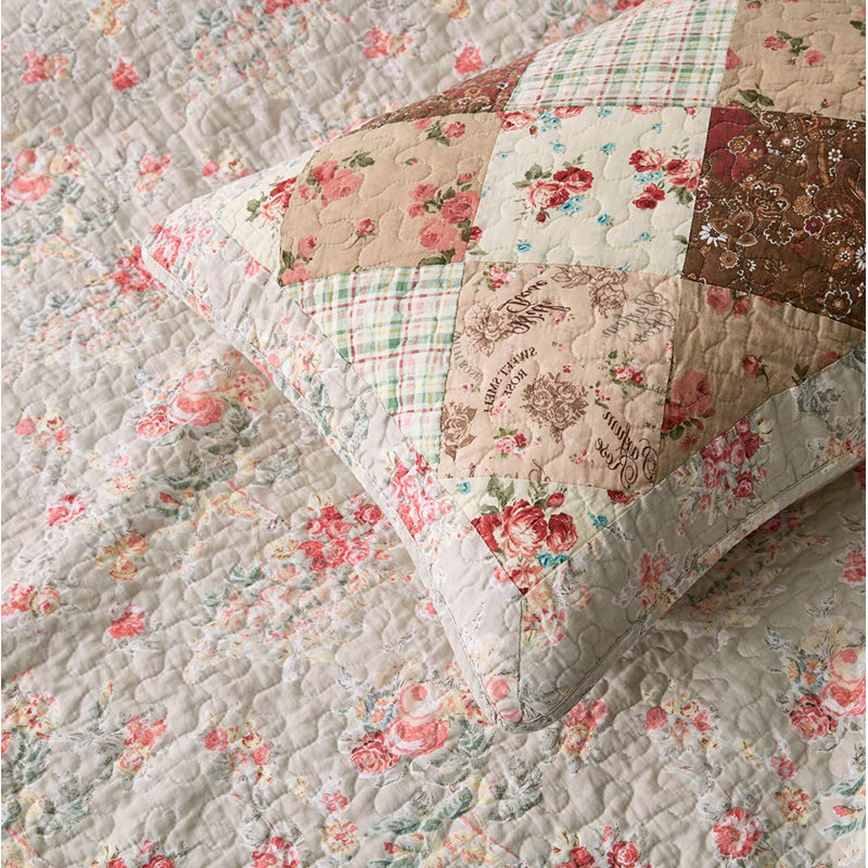 Pre-Washed Lightweight Cotton Floral Diamond Patchwork Quilt Set, Queen Quilt + 2 Standard Shams
