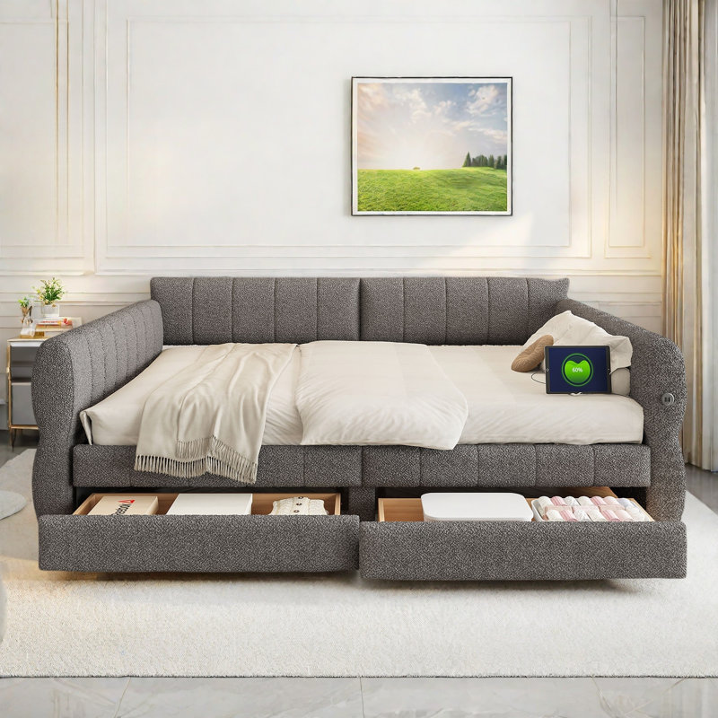Elegant Upholstered Platform Bed With Usb Ports And 2 Drawers, Gray