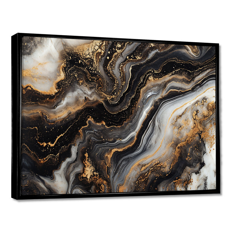 Glam Gold Flows, agate noire - salon d'art mural en marbre, Toile avec cadre flottant noir, H 34 po x l 44 po x P 1,5 po