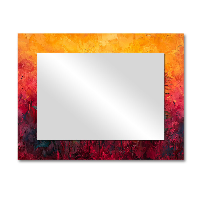 Vivid Red Sunset Hues Sunflowers Filed I - Art mural miroir floral - imprimé sur métal, 30 po x 40 po