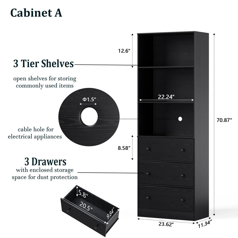 70.9'' H X 23.6'' W Standard Bookcase Cabinet with 2 Open Shelves and 3 Drawers, Black