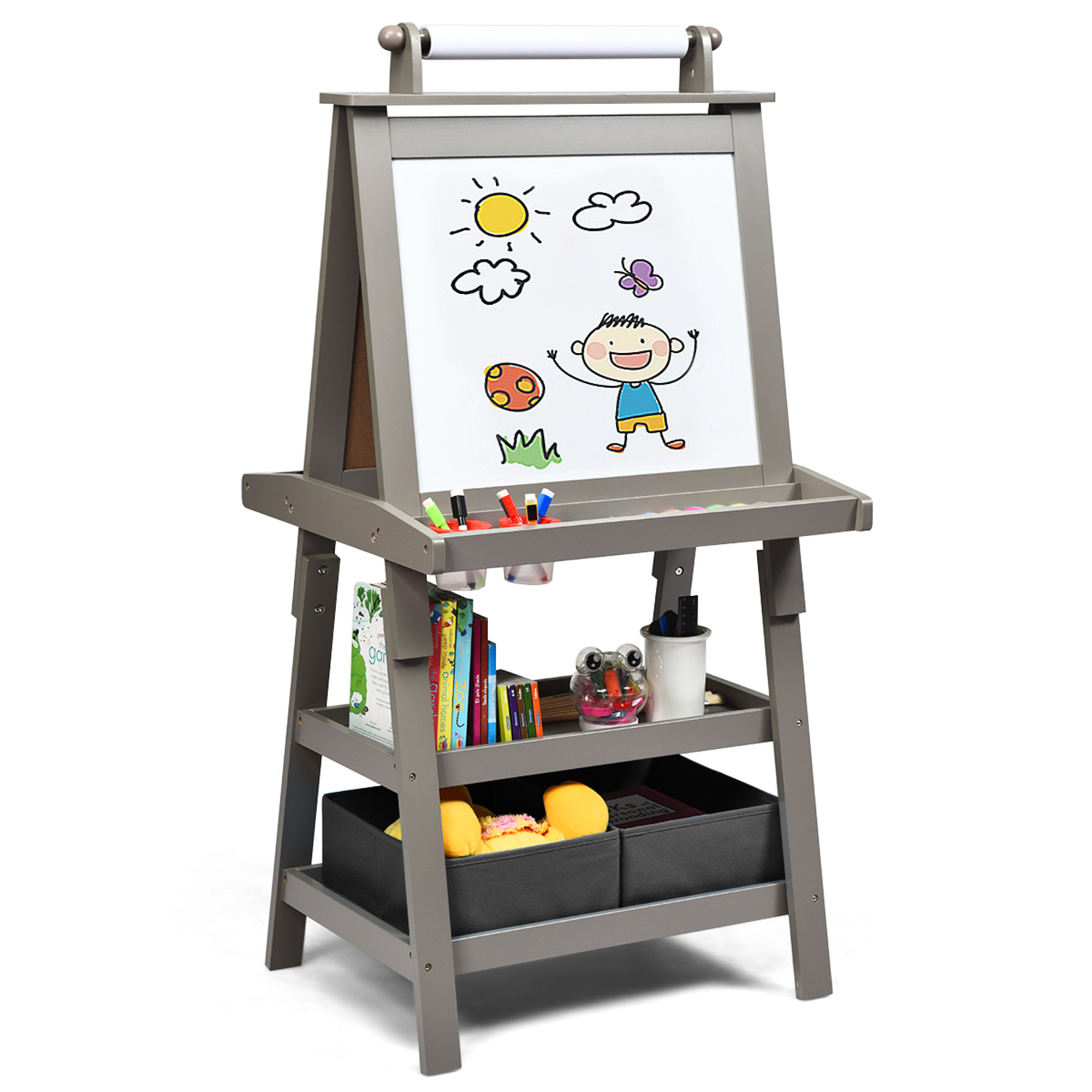 Gymax All-in-One Wooden Kids Easel With Paper Roll & Accessorie Height  Adjustable