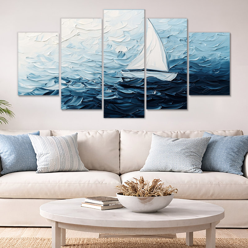 Abstrait voilier blanc et bleu horizon - décor mural 5 voiliers