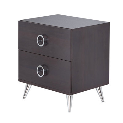 Compact 2-Drawer End Table with Modern Silver Legs, Perfect for Small Spaces and Essential Storage.