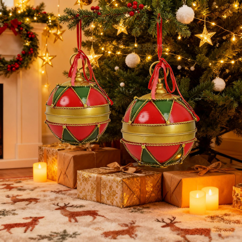 Ensemble de 2 ornements en forme de cloche de Noël de 8,4 pouces 2, Vinatge Iron Jingle Bells, Vert / rouge / or