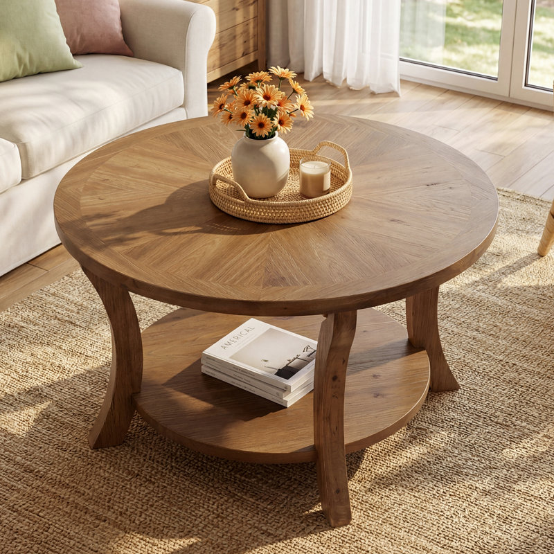 31.5” Round Solid Wood Coffee Table with Lower Storage Shelf, Rustic Natural Finish Living Room Center Table
